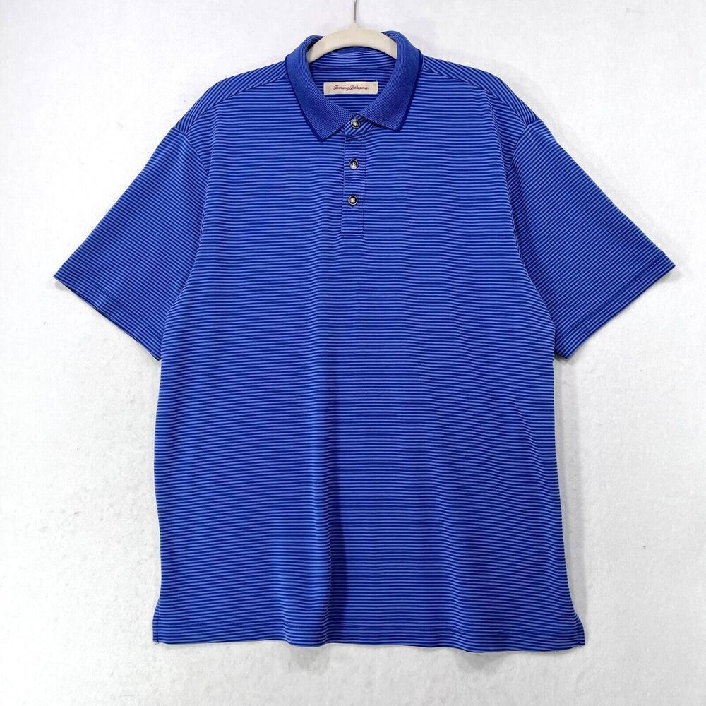 Tommy Bahama Polo Shirt Men Large Blue Stripes Activewear Golf Comfort Classic
